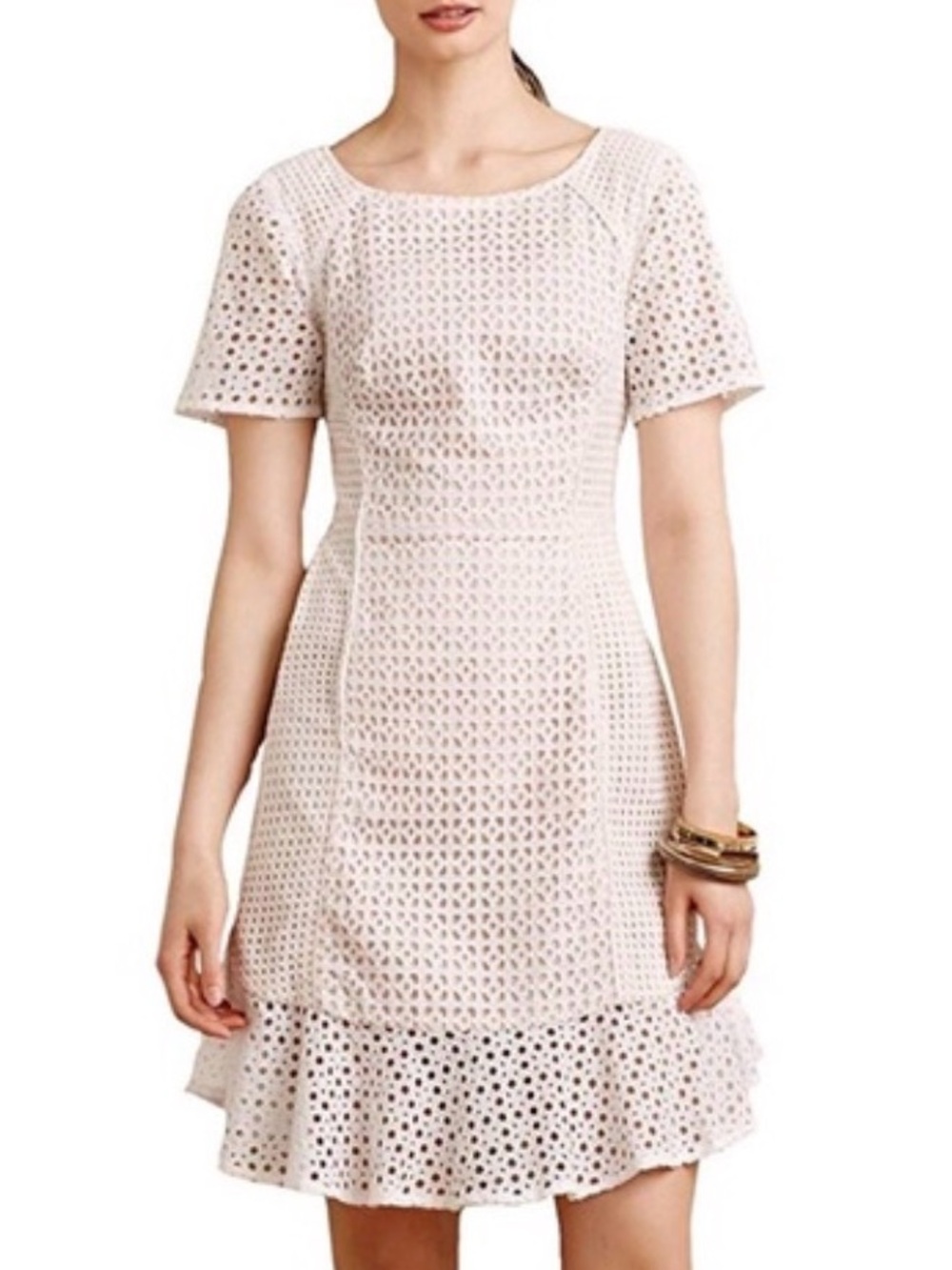 HD in Paris Anthropologie Cream Eyelet Sheath Dress Ruffle Hem